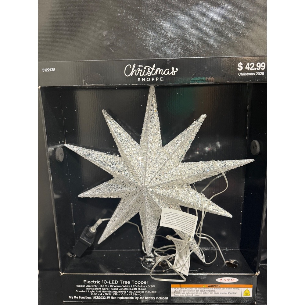 The Christmas Shoppe Silver Glitter 10-LED Star Christmas Tree Topper 18.5in